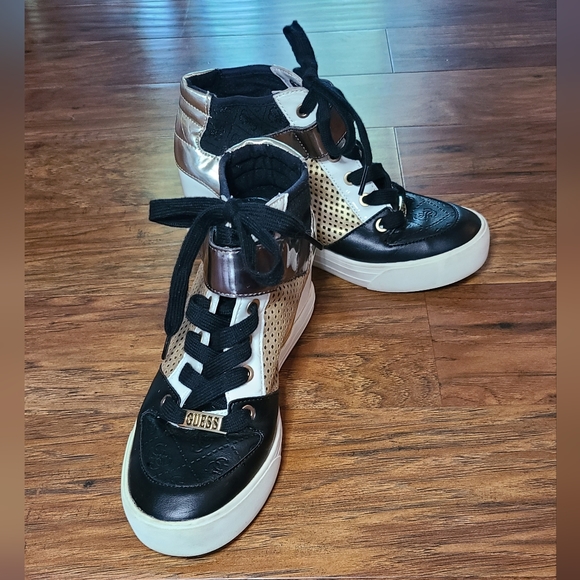 Guess Shoes - Guess Black and Gold Platform Sneakers